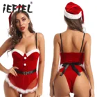 Женские короткие Femme Рождество боди для отдыха и вечеринок, комплекты для ночного клуба, костюмы бархат боди с отделка из перьев фартук, головной убор