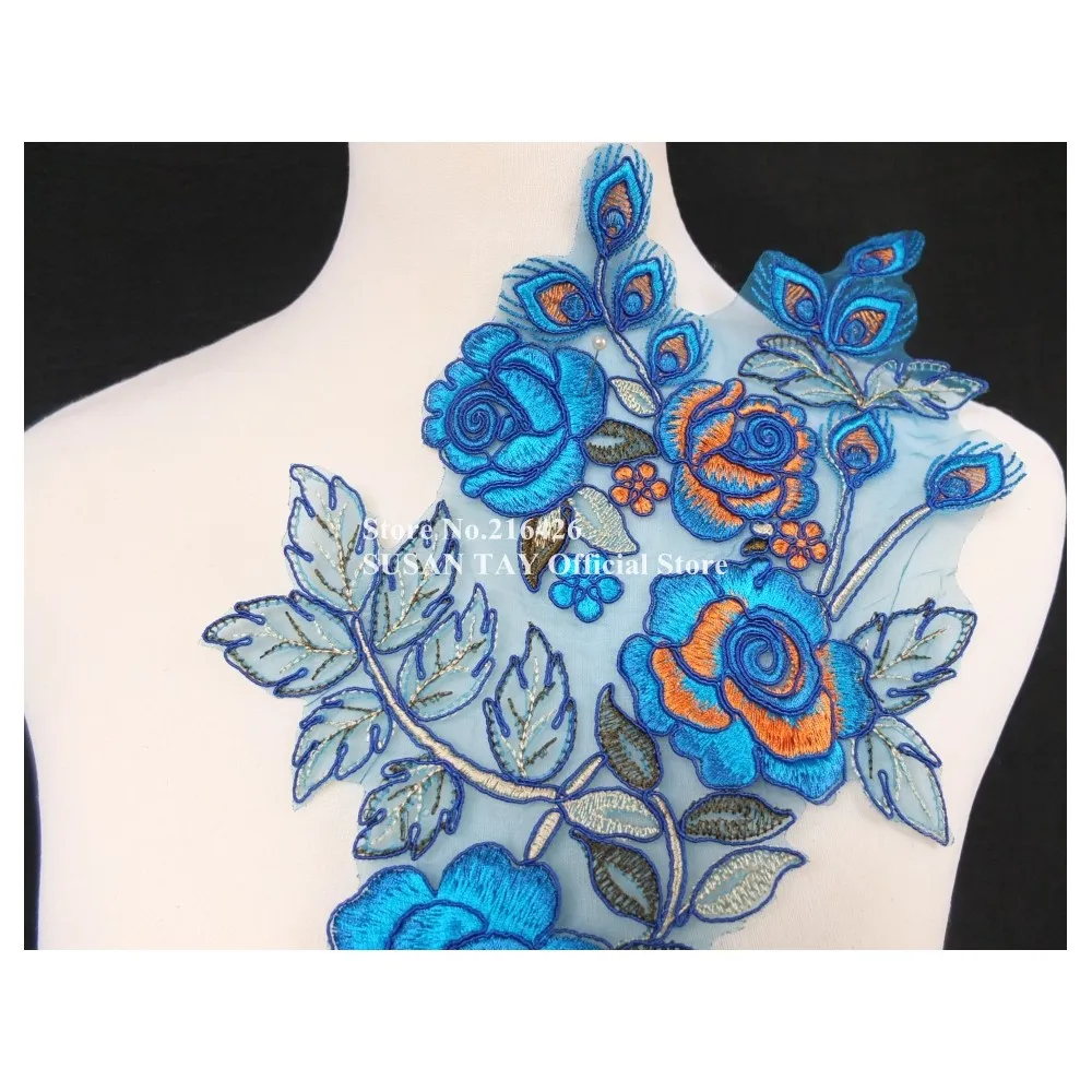 2 шт./лот х Новый длинный синий/оранжевого цвета с цветочной вышивкой и кружевной