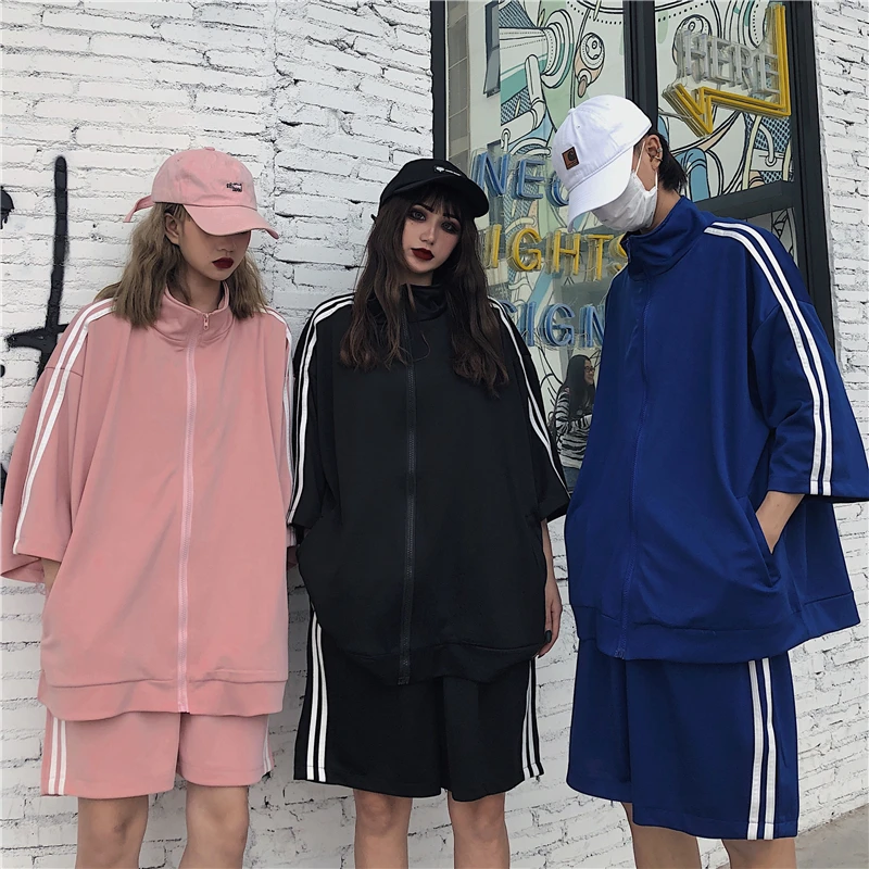 

women sweat suit set two piece solid spring new turn-down collar pockets zipper elastic waist knee length ins casual style