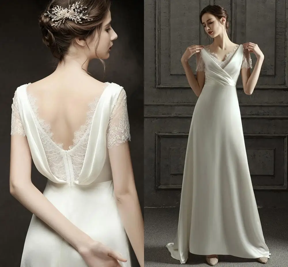 Винтажное атласное кружевное свадебное платье с коротким рукавом и v образным
