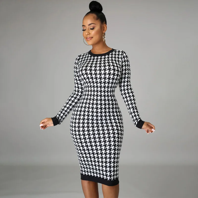 

2021 Newest Long Sleeve Women Dress O-Neck Plaid Back Hollow Out Bodycon Knee Length Dresses For Nightclub Party With Real Photo