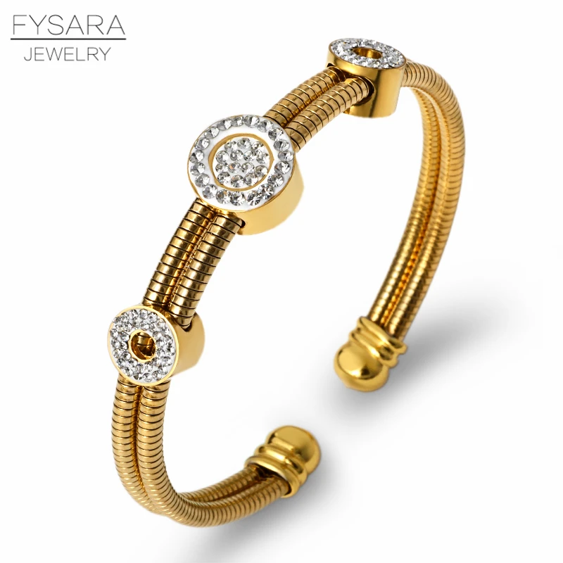 Gold Color FYSARA, золото, серебро, нержавеющая сталь, кабель, провод, манжеты, браслеты, круглый кристалл, очаровательные браслеты и браслеты для женщин, Винтажный дизайн - Окраска металла: Gold Color