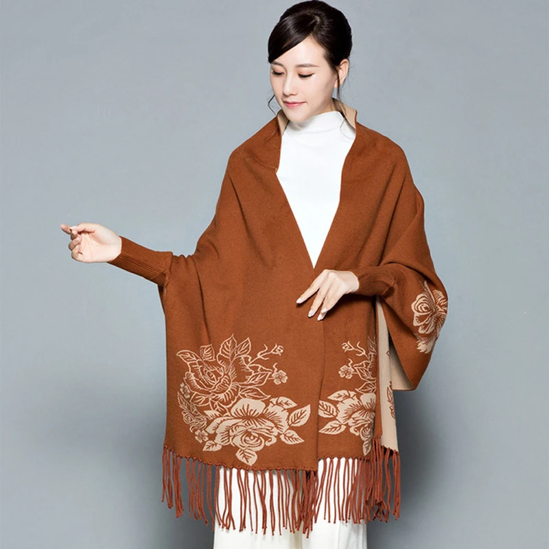 

Женская шаль оверсайз с рукавами, пончо, толстые зимние шали и палантины для женщин, теплые женские пончо с цветочным принтом и накидки