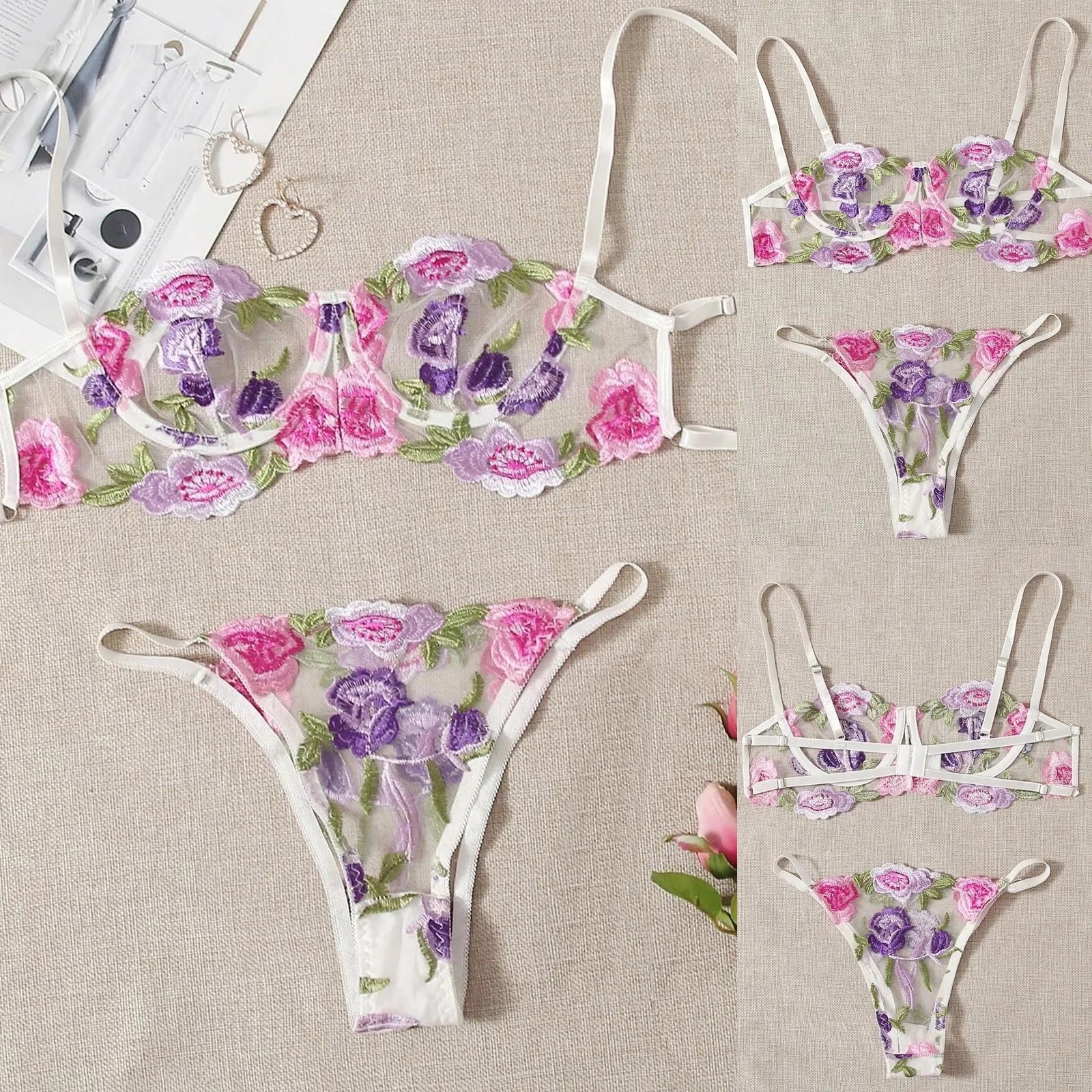 

Rose Flower Print Embroidery With Steel Ring Sexy Erotic Underwear Women Lace Perspective Breathable Bra Thong Lingerie Set