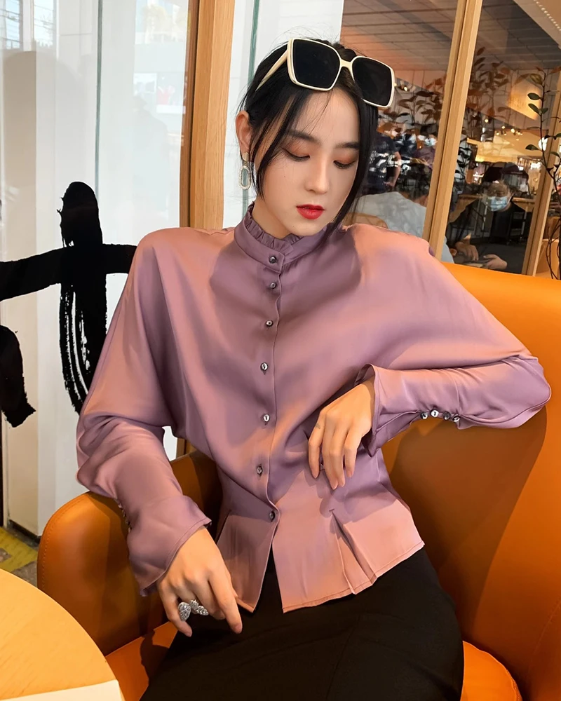 

Top Quality Silk Blouse Shirt 2021 Spring Summer Clothing Women Ruffled Collar Long Sleeve Button Shirt Blue Pink Coffee Red Top