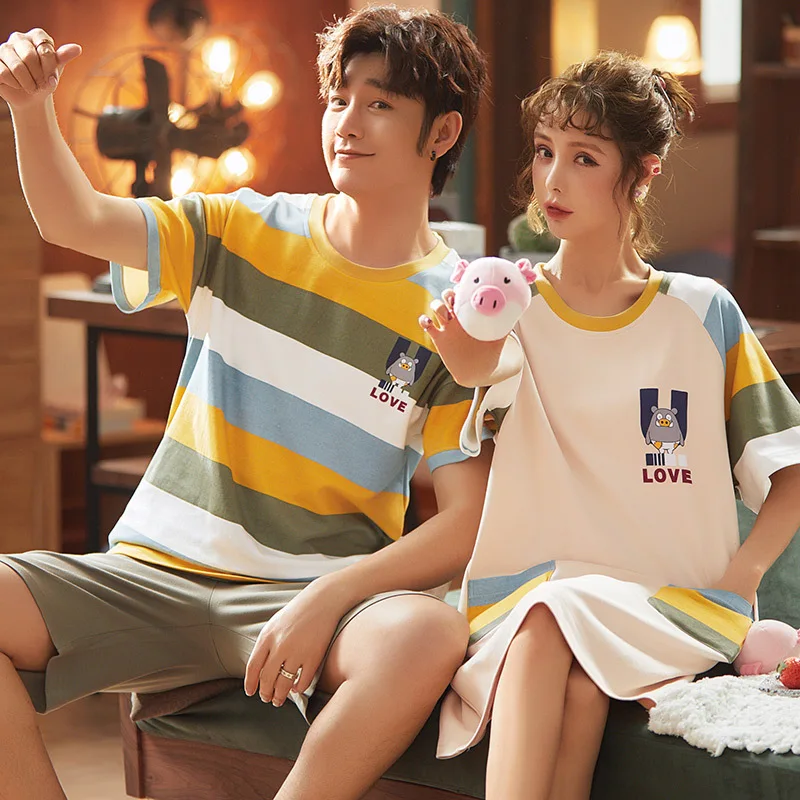 

Fashion Lovers Homedress Pajamas Sets Women's Short Sleeve Nightdress Round Neck Sleepwear Cotton Couples Casual Home Clothing