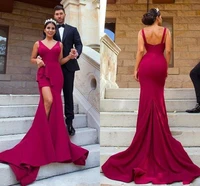 2020 hot burgundy sweep train arabic evening dresses party occasion gowns front spit sexy v neck vestidos mermaid prom dress