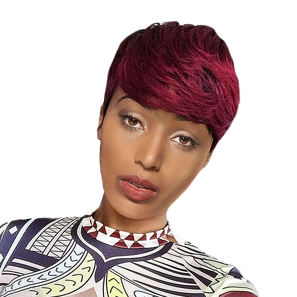 Wine Red 8 дюймов короткие прямые парики человеческих волос Pixie Cut шикарный парик для женщин с челкой-коричневый/винный красный/золотой/светло-Золотой/Серебряный опционально - Цвет: Wine Red