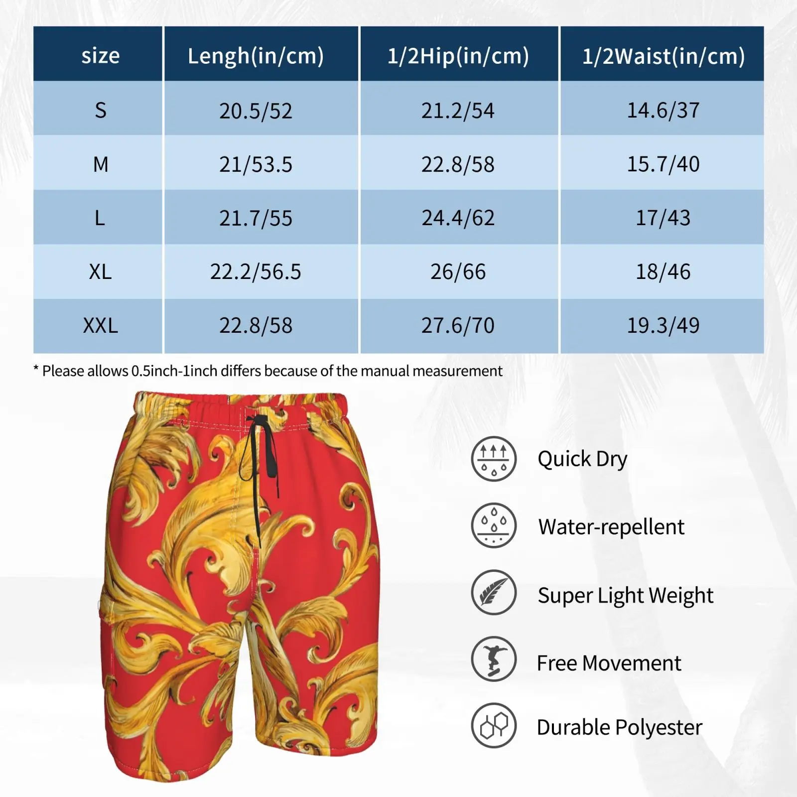 Пляжные шорты с золотыми цепочками и бесшовным рисунком. Роскошная иллюстрация.