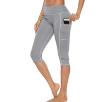 women leggings black grey solid color side pockets skinny stretchy pants casual sport fitness leggings capris cropped pants