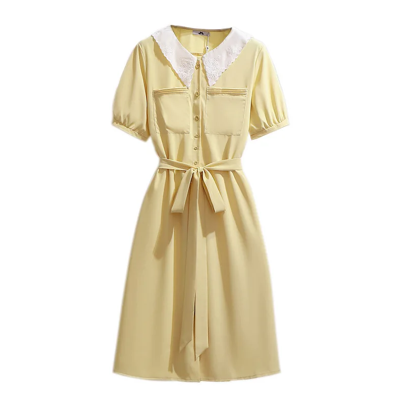 

Transfortegy 300Jin Large Women's Fat mm Summer Design Sense Small Shirt Embroidery Lapel Lace Up Slim Casual Dress 61178