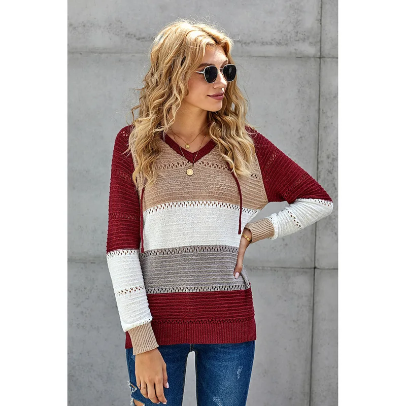 

Women's knitted hooded sweater all-match outer wear stitching color long-sleeved top sweaters winter dresses women 2020