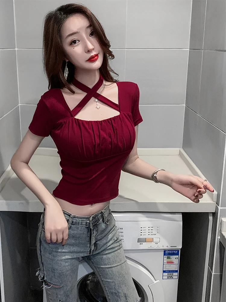 

Square neck sexy short top women's summer 2021 new cross tie neck tight short sleeve high waist exposed navel T-shirt