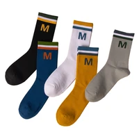 socks man cotton fashion sport casual middle tube winter letters m stripe original colourful black bule 1 pairs
