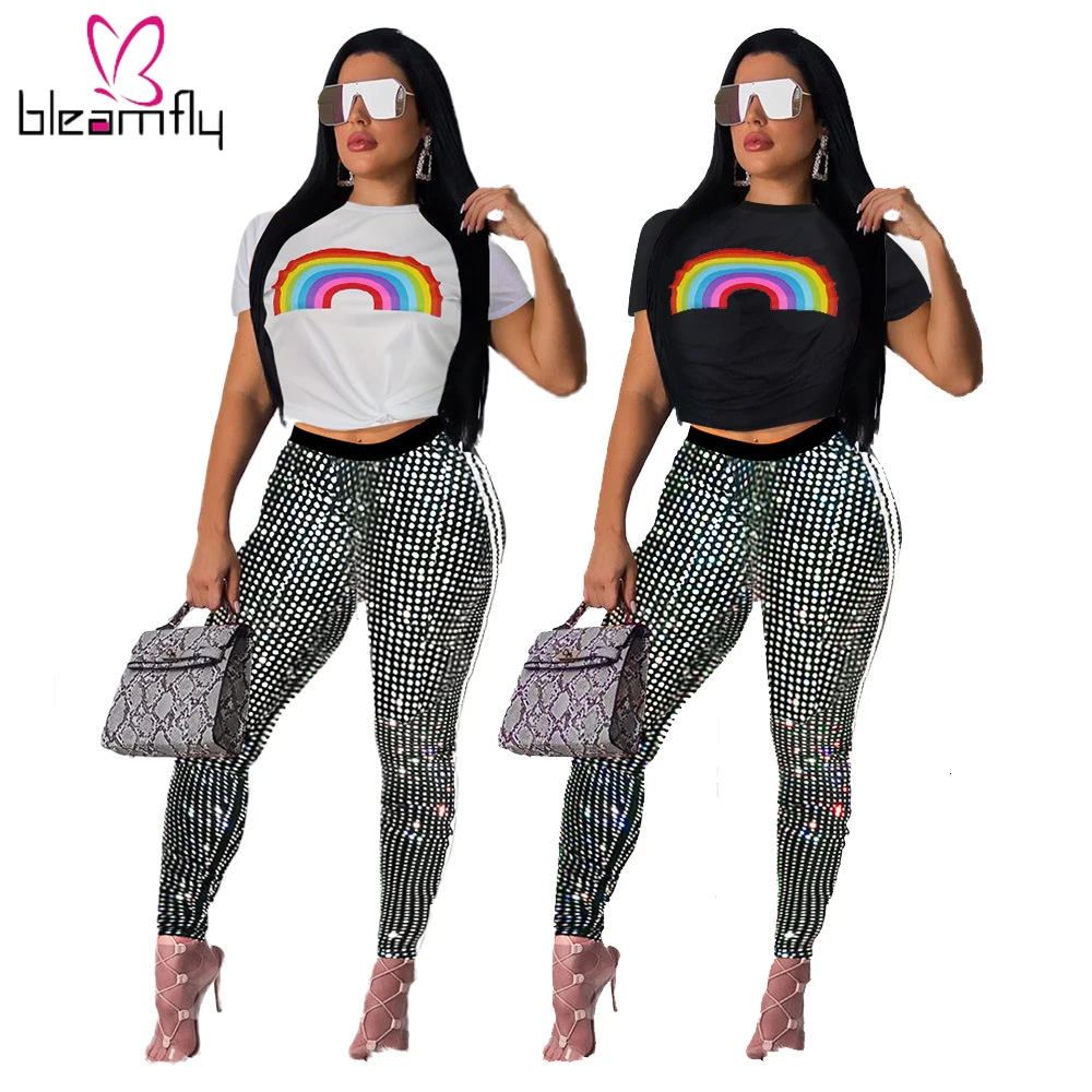 2019 женский летний костюм с радужным принтом короткий рукав o образный вырез