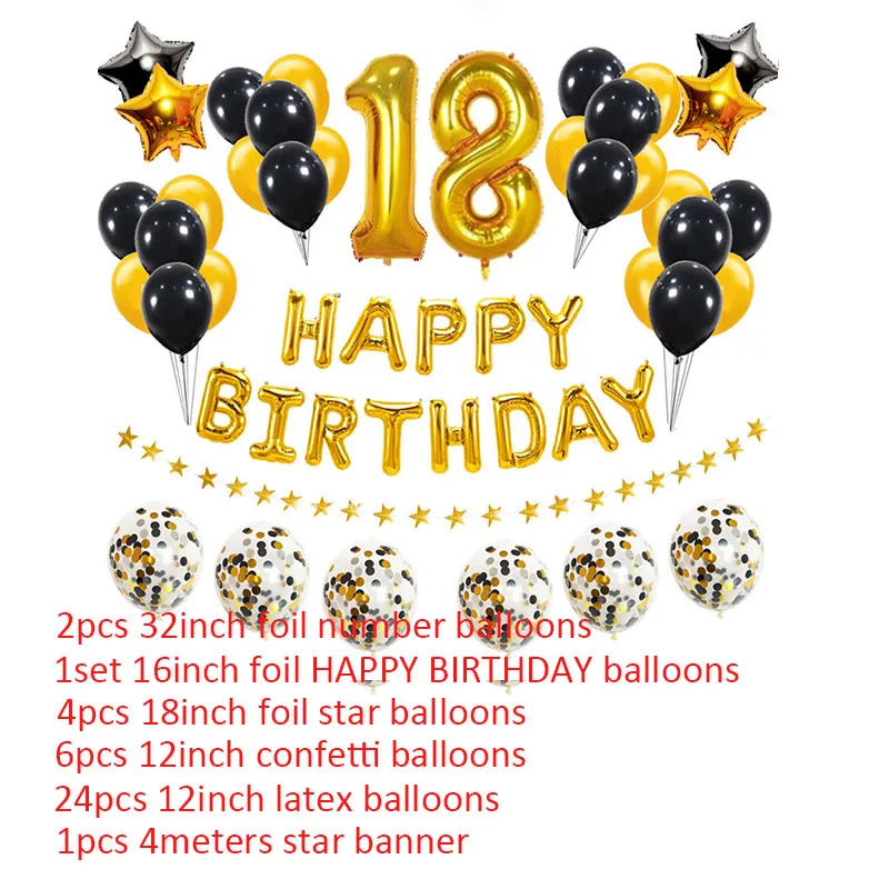 38pcs Number 18 Birthday Balloons 18th Happy Years Old Party Decorations Gold And Black Boy Girl 81 81st Supplies | Дом и сад