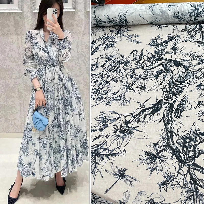 

Fashion Spring Summer New Ink Effect Branch Flower Pattern Printing Pure Cotton Thin Cloth Clothing Skirt Shirt Fabric Sewing