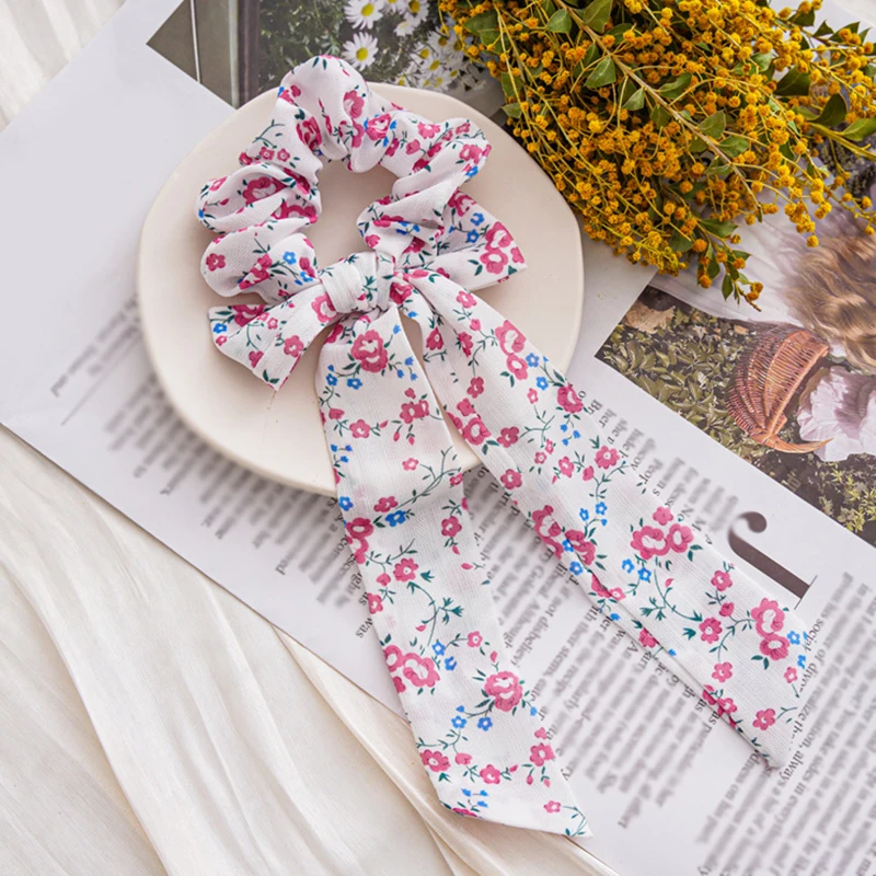 

Floral Print Bow Scrunchies Sweet Fashion Hair Accessories Elastic Hairbands Ponytail Ribbon Hair Rope Bohemian Hair Tie Ring