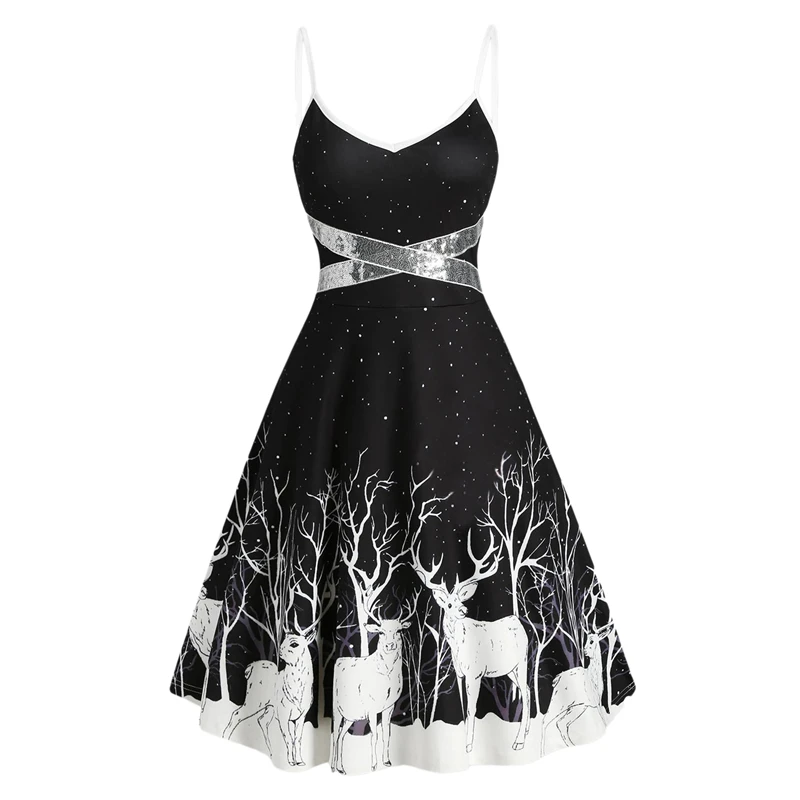

Christmas Print Winter Party Dresses Sequin Patchwork Sleeveless Dress Deer Skater Club Night Dresses