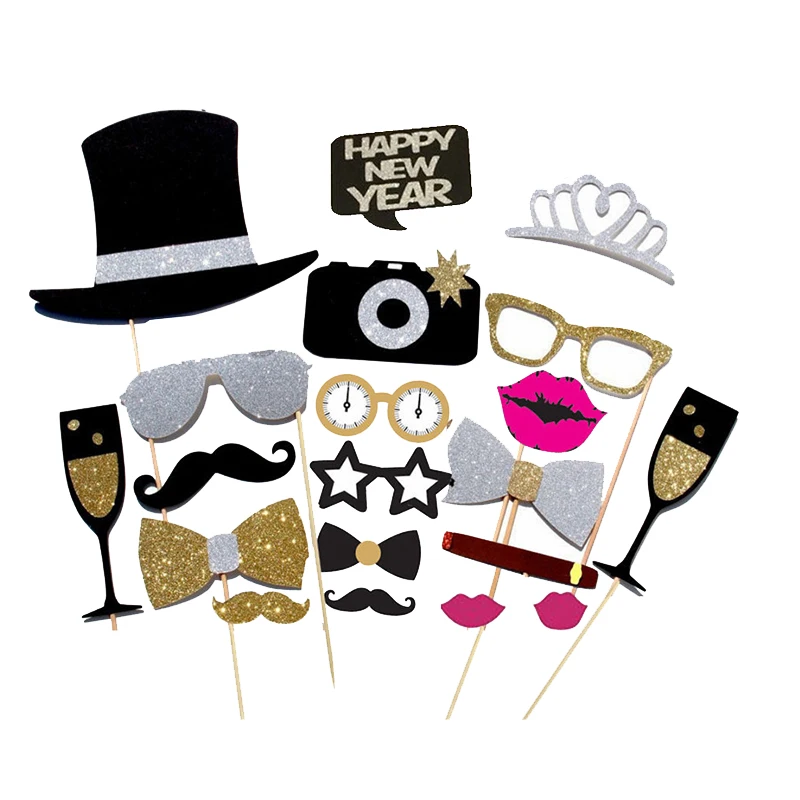 

1bag 2023 Happy New Year Balloon Photo Booth Props Champagne Bottle Lip on a stick New Year Party Decoration Photo props