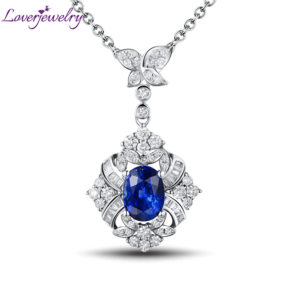 

LOVERJEWELRY Blue Sapphire Pendants for Women Real White Gold 18Kt Au750 Shining Diamonds 100% Natural Sapphire Pendant Necklace