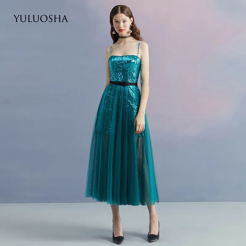 YULUOSHA Fashion Sexy Evening Dresses Strapless Sleeveless Spaghetti Straps Tea-Length Party Prom Formal Gowns Robe De Soiree | Свадьбы и