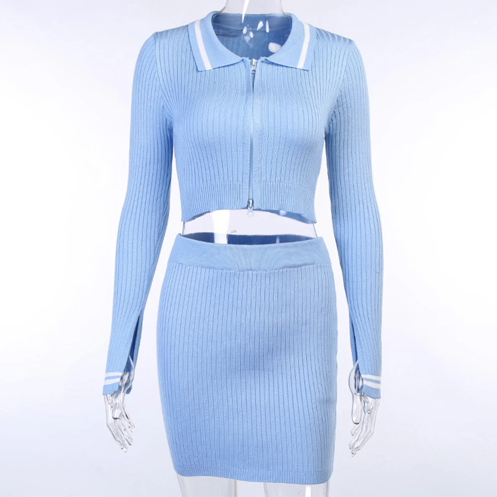 

Autumn Winter Knit Two Piece Set Women 2020 Blue Long Sleeve Crop Top Zip Up And Mini Bodycon Skirt Slim Suit Sexy Party Outfits