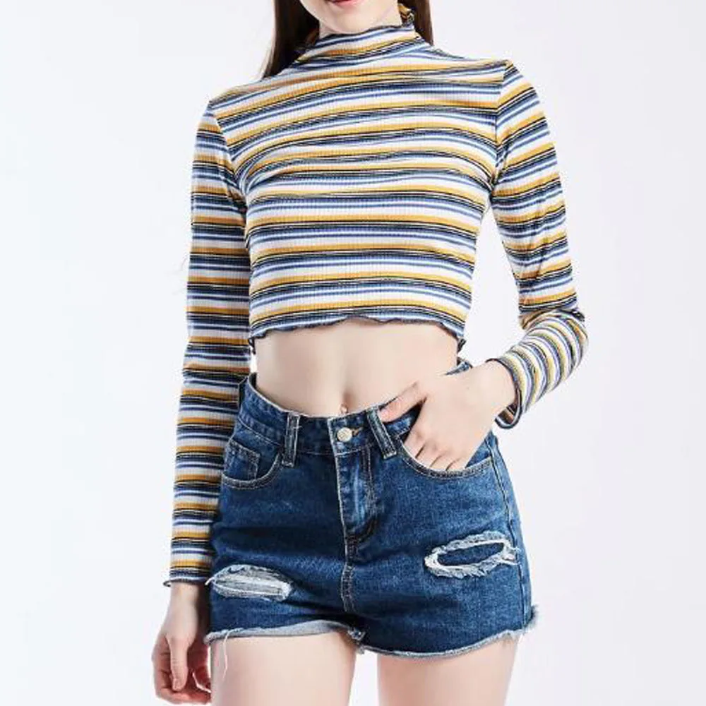 Футболка женская в радужную полоску топ стиле Харадзюку облегающий кроп с