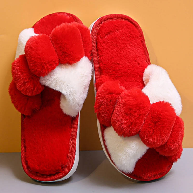 

Women Warm Fluffy Slippers Lady Female Comfortable Quality Flip Flop Cozy Faux Fur Cross Indoor Floor Slides Flat Soft Shoes New