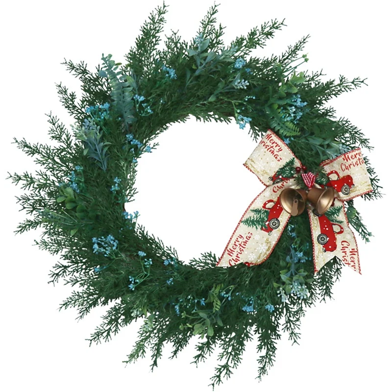 

Artificial Bow Bells Christmas Wreath with Pteris Baby's Breath for Front Door Wall Window Farmhouse Home Decoration