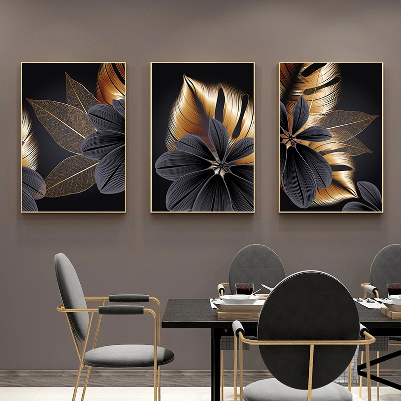 

Fashion Abstract Poster Print Black Gold Plant Leaf Living Room Background Wall Home Decoration Canvas Art Painting