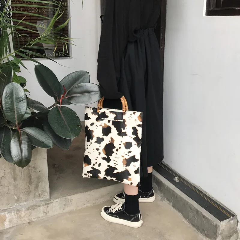 Винтажные женские сумки с рисунком коровы дизайнерские ручные бамбуковой ручкой