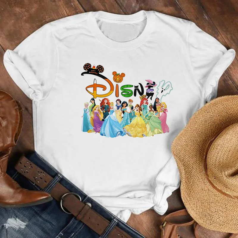 

New Disney Cartoon Princesses Printing Women T-Shirts Comfortable Harajuku Streetwear Tops White Casual Clothes Ladies T Shirts