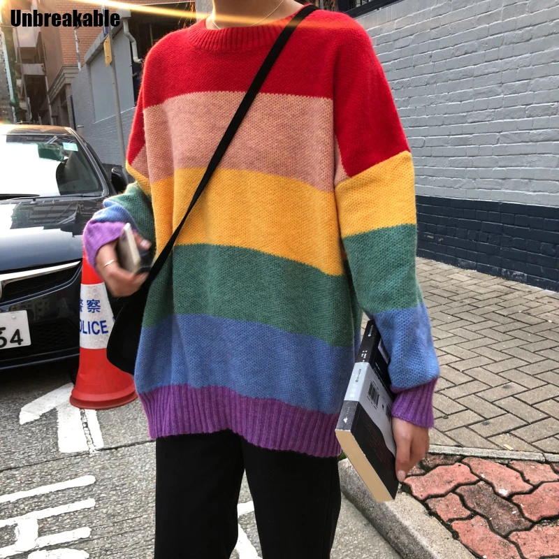 

Rainbow Striped Sweater Women 2020 Autumn Harajuku Jumper Vintage Pullovers Oversize Sweater Korean Knitwear Loose Warm