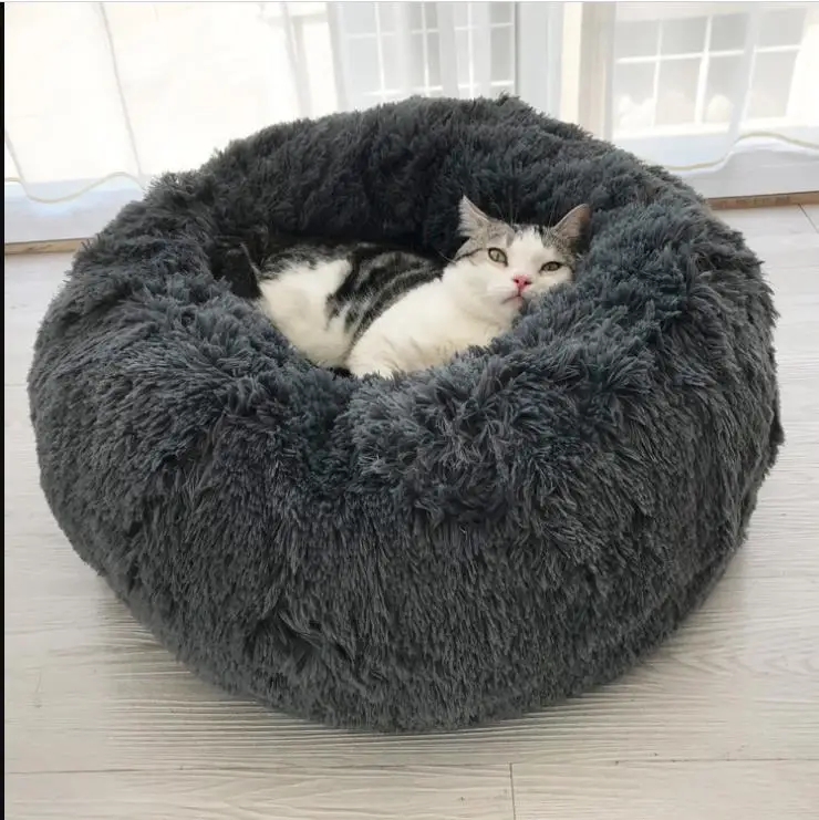 Зимний теплый длинный плюшевый супер мягкий собачий Кот круглая кровать питомник круглая собака глубокая спальная кровать для маленьких собак кошек