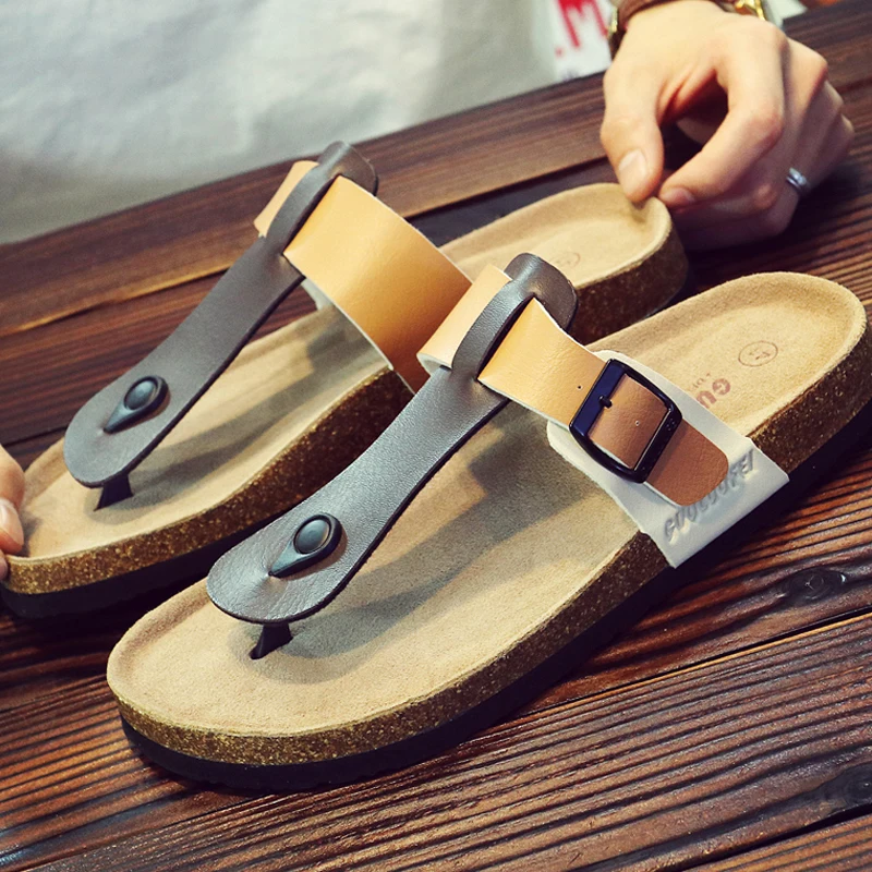 

Men's Summer Cork Slides Casual Couple Beach Flip-Flops Men Bathroom Home Slippers Male Outer Flat Sandals Boys Shoes Big EU48