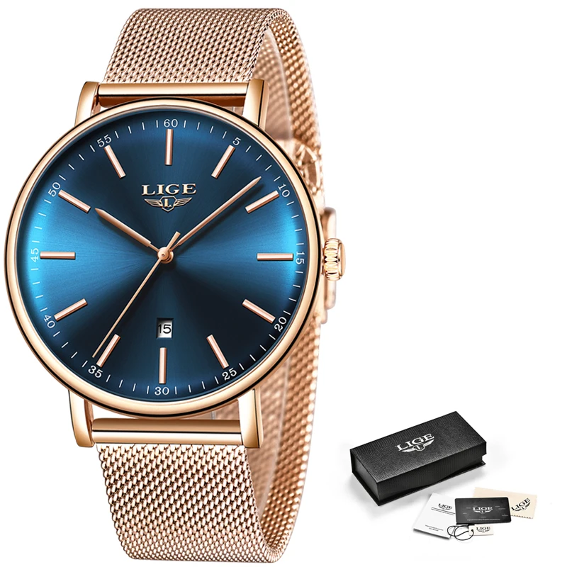 2021 Women's Watch LIGE Top Brand Luxury Women Fashion Casual All Steel Ultra-Thin Mesh Belt Quartz Clock Relogio Feminino+Box | Наручные