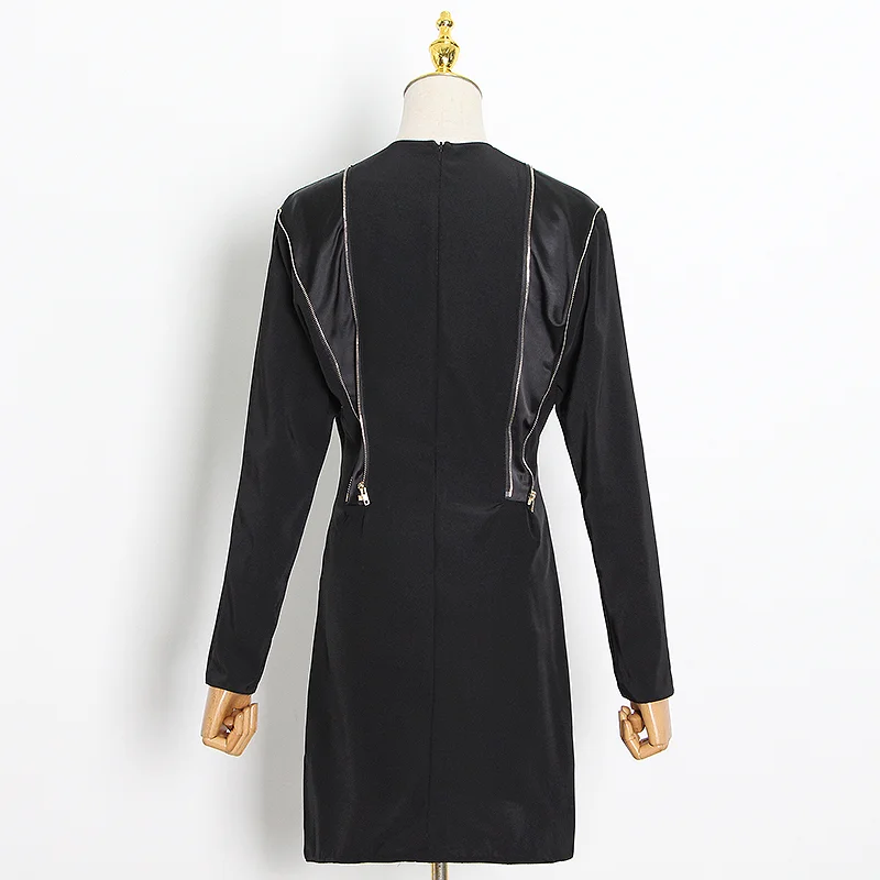 

VGH Casual Black Patchwork Zipper Summer Dress Females Round Neck Puff Long Sleeve High Waist Mini Dresses Woman Summer 2021 New
