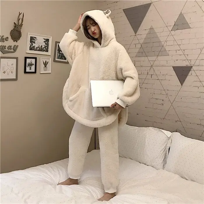 Осенне-зимний женский корейский Свободный плюшевый домашний комплект с заячьими ушками, пижамный комплект
