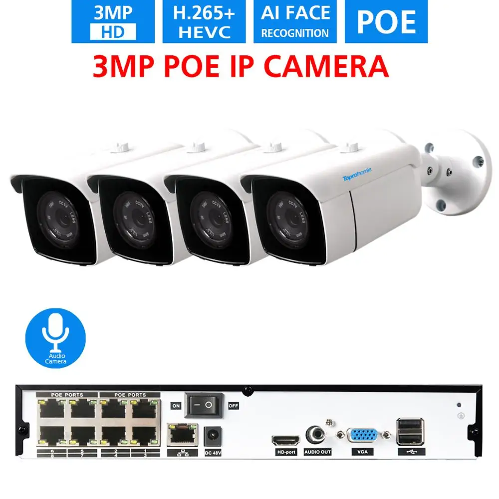 Система видеонаблюдения TOPROHOIME H.265 + 8 каналов POE NVR 5 МП 48 В 3 Мп Onvif IP-камеры Комплект