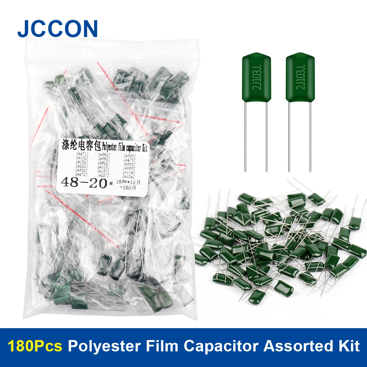 

180Pcs Polyester Film Capacitor Assorted Kit 18Values x 10Pcs 2A471J 2A102J 2A152J 2A222J 2A332J 2A472J 2A562J
