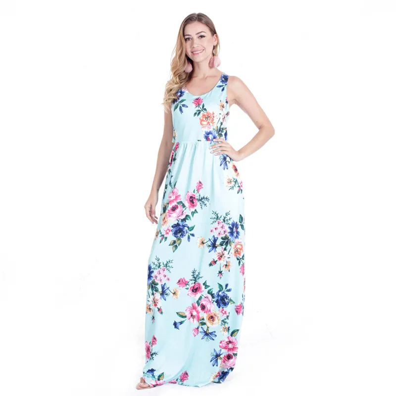

Plus Size 2020 Women Print Long Dress Summer Fashion Casual O-neck Sleeveless Women Slim Dress