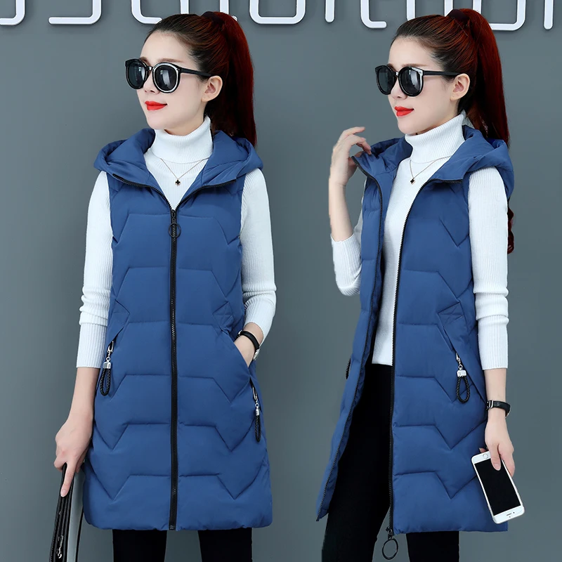 

Fashion New Autumn Winter Long Cotton Vest Women Jacket Korean Hooded Sleeveless Coat Plus Size Slim Warm Ladies Waistcoat 3XL