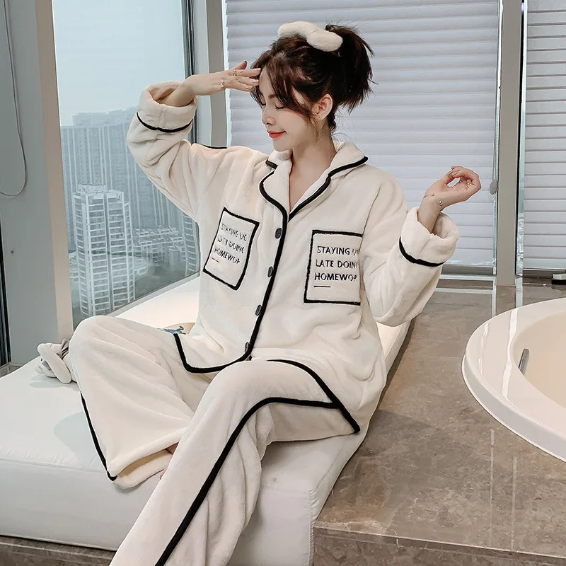 

Flannel Nightwear 2PCS Pjs Set Thickened Women V-Neck Pajamas Suit Winter Home Clothes Long Sleeve Sleepwear Warm Lingerie