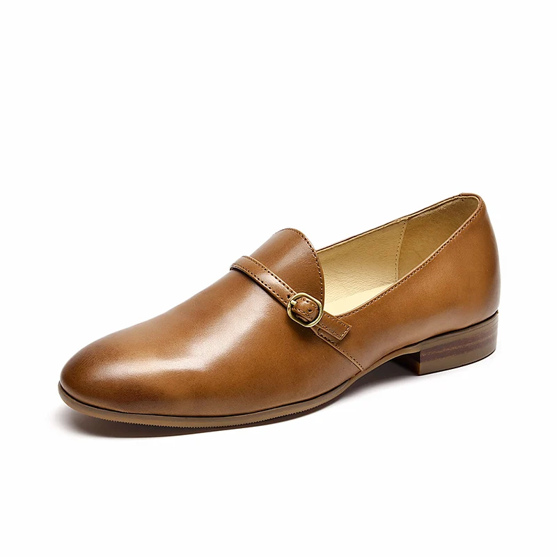 Brownish Yellow BeauToday Loafers Women Genuine Cow Leather Round Toe Buckle Ladies Slip-On Casual Flat Shoes Handmade 27159 - Цвет: Brownish Yellow