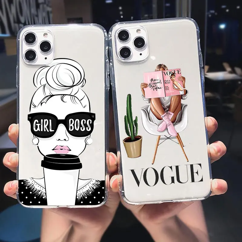 

Princess Female boss coffee Phone Case For iPhone 12 Pro Max 11 Pro Max Vogue girl Mom Baby Soft Cover For iPhone X XR 7 8 cover