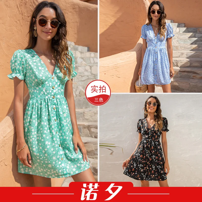 

2021 summer new women's fashion sexy V-neck digital printing Puff Sleeve Dress