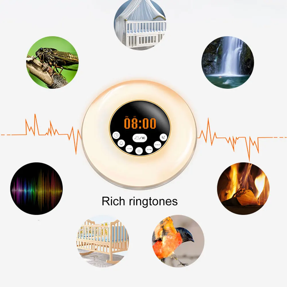 

Alarm Clock Wake Up Light Sunrise/Sunset RGB 7 Colors LED Simulation Luminous Digital Clock With Bluetooth Speaker FM Radio