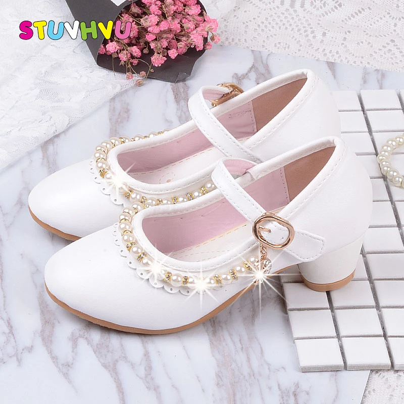2021 Newest Princess Kids Leather Shoes for Girls High Heels Beaded Children Shoes Dance Party Wedding Girls Shoes Pink White