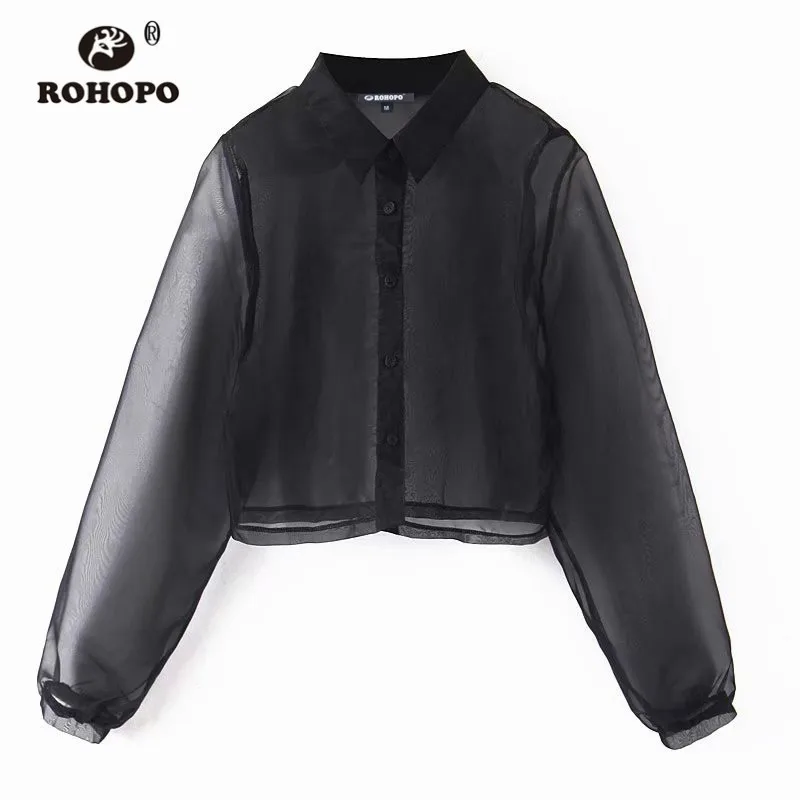 ROHOPO/блузка из прозрачного тюля с длинными рукавами пышными и воротником